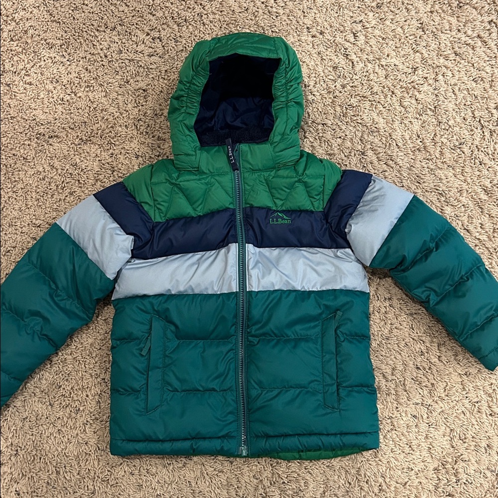 L.L. Bean Green and Gray Hooded Down Jacket